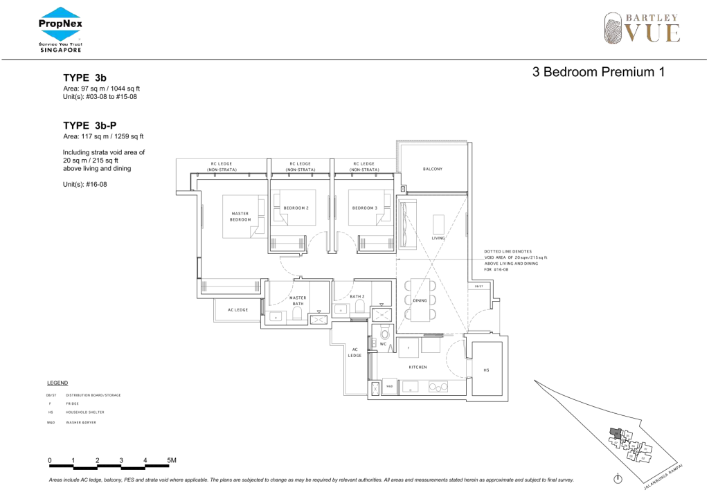Bartley Vue floor plan Type 3b, 1044 sqft, Toa Payoh, Singapore