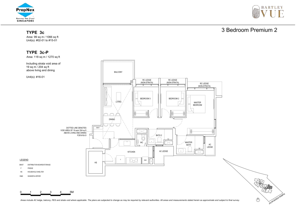 Bartley Vue floor plan Type 3c, 1066 sqft, Toa Payoh, Singapore