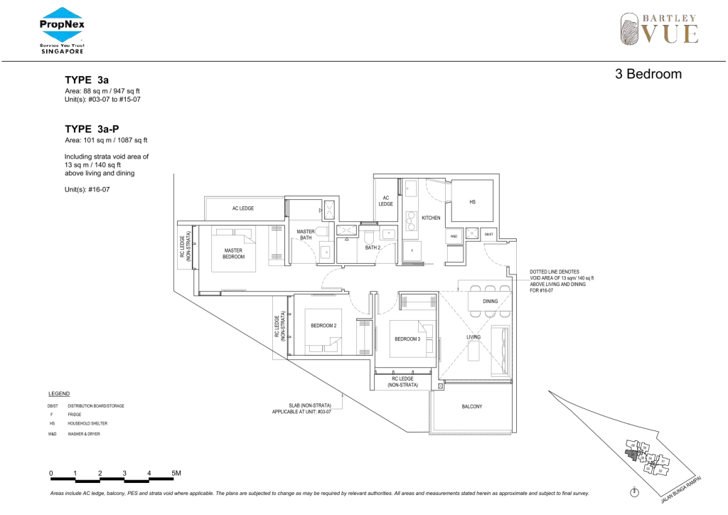 Bartley Vue floor plan Type 3a, 947 sqft, Toa Payoh, Singapore