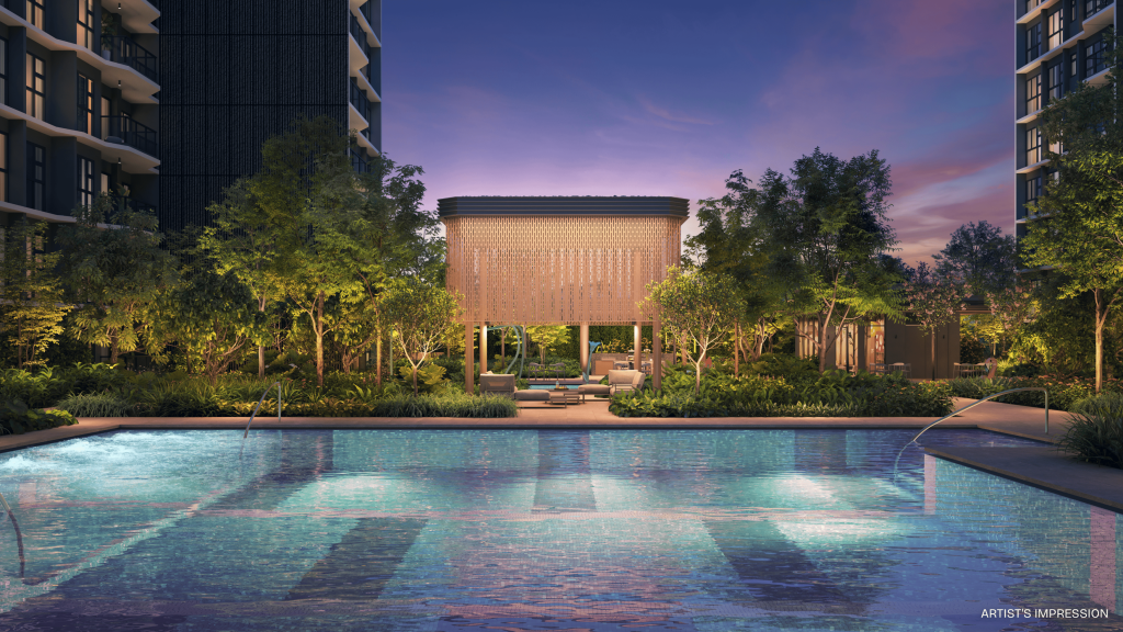 Pinery Residences swimming pool at dusk, Tampines, Singapore