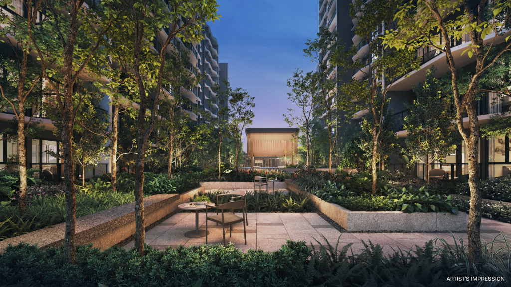 Pinery Residences garden dining pavilion at dusk, Tampines, Singapore