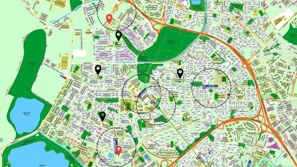 Map of Tampines condos showing MRT-linked projects near Pinery Residences