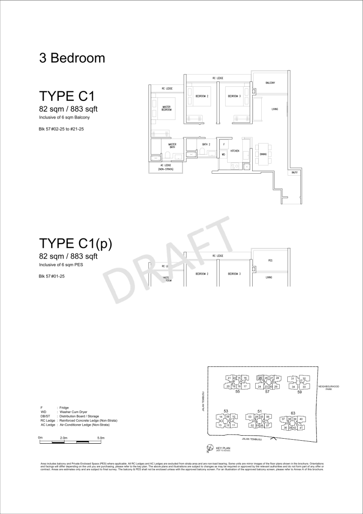Emerald of Katong floor plan Type C1, 883 sqft, Marine Parade, Singapore