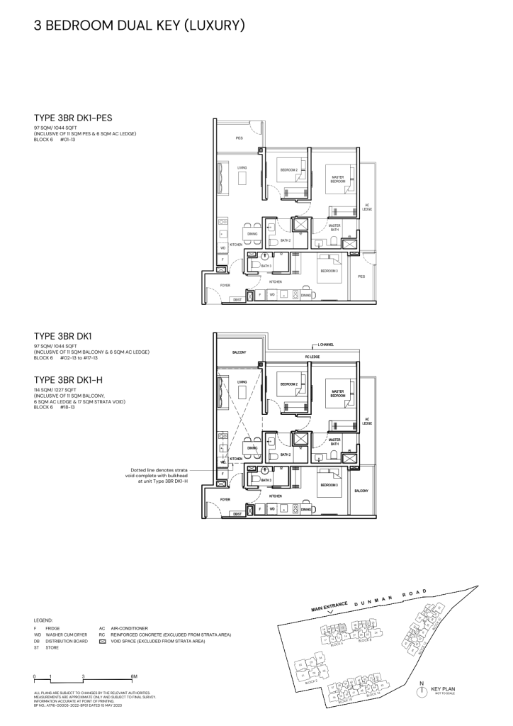 Grand Dunman 3 Bedroom floor plan Type 3BR-DK1, 1044 sqft, Marine Parade, Singapore