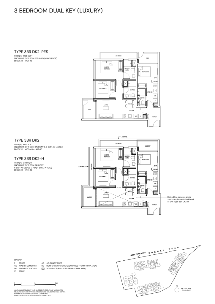 Grand Dunman 3 Bedroom floor plan Type 3BR-DK2, 1055 sqft, Marine Parade, Singapore