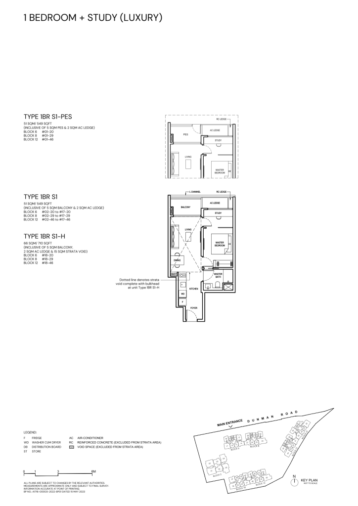 Grand Dunman 1 Bedroom floor plan Type 1BR-S1, 549 sqft, Marine Parade, Singapore