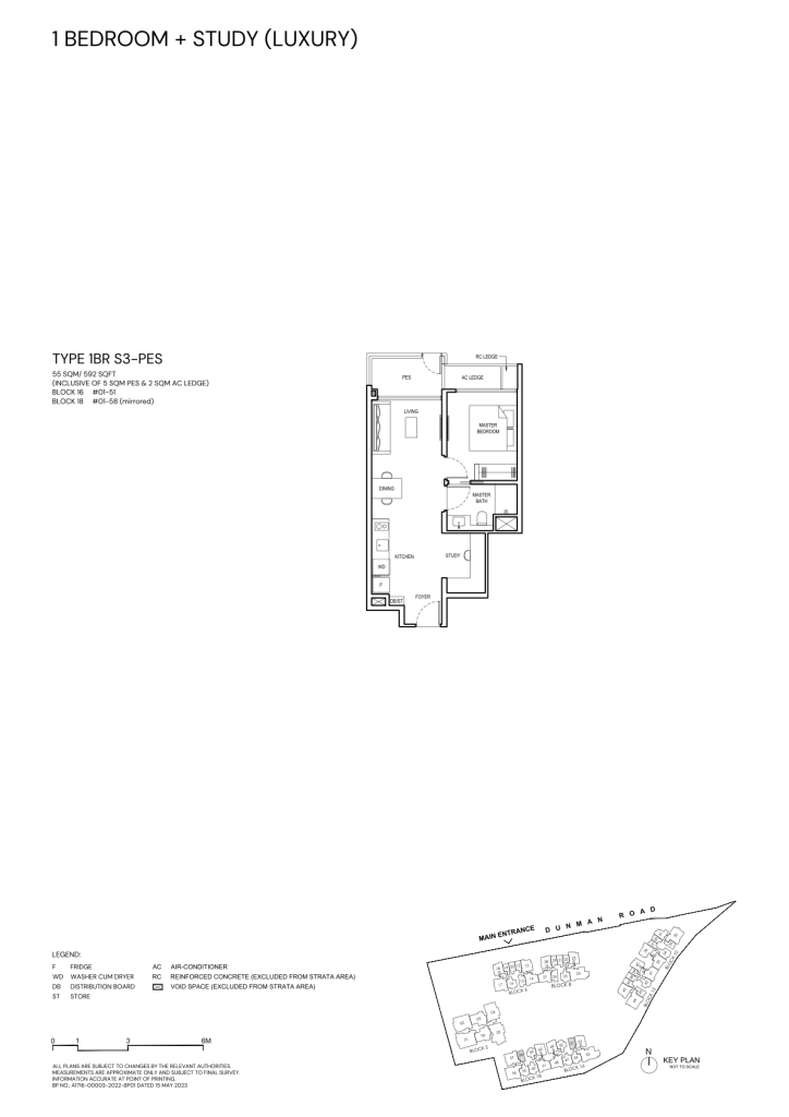 Grand Dunman 1 Bedroom floor plan Type 1BR-S3, 592 sqft, Marine Parade, Singapore