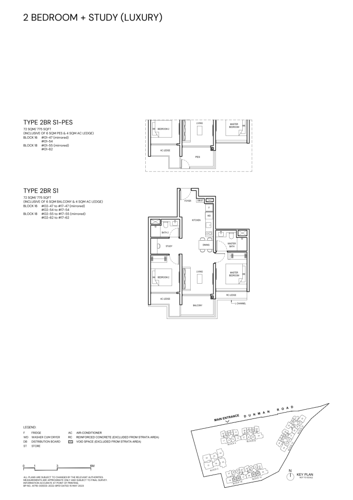 Grand Dunman 2 Bedroom floor plan Type 2BR-S1, 775 sqft, Marine Parade, Singapore