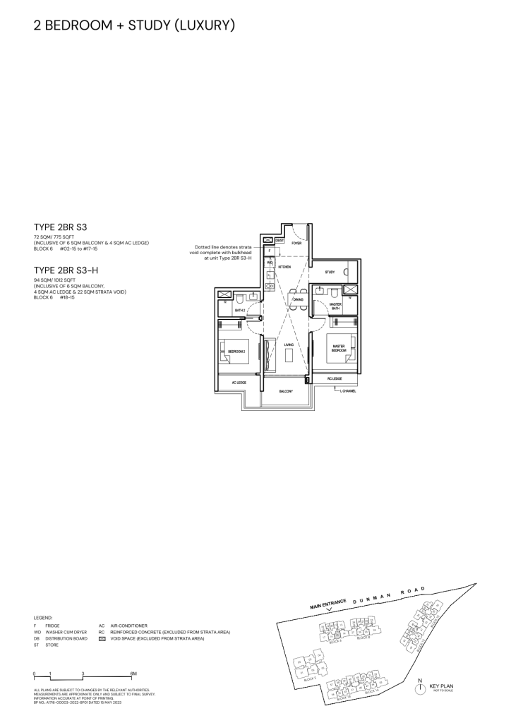 Grand Dunman 2 Bedroom floor plan Type 2BR-S3, 775 sqft, Marine Parade, Singapore