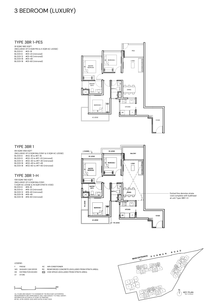Grand Dunman 3 Bedroom floor plan Type 3BR1, 980 sqft, Marine Parade, Singapore