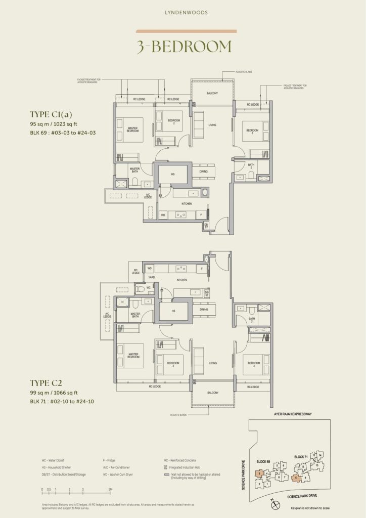 Lyndenwoods floor plan Type C1A, 1023 sqft, Queenstown, Singapore