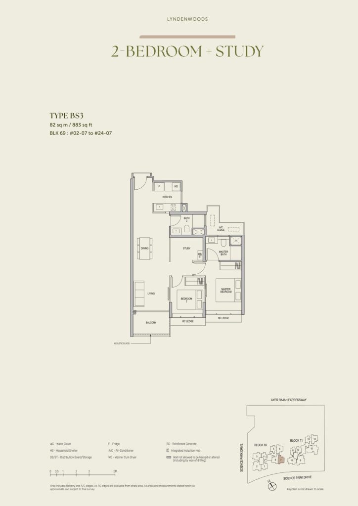 Lyndenwoods floor plan Type BS3, 883 sqft, Queenstown, Singapore
