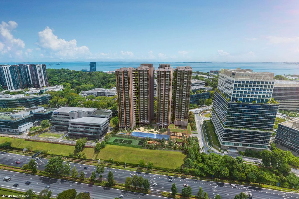 Lyndenwoods aerial view over Singapore Science Park towards the sea, Queenstown, Singapore