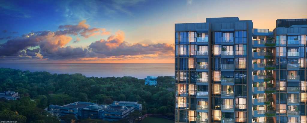 Lyndenwoods blocks at dusk with the sea beyond, Queenstown, Singapore