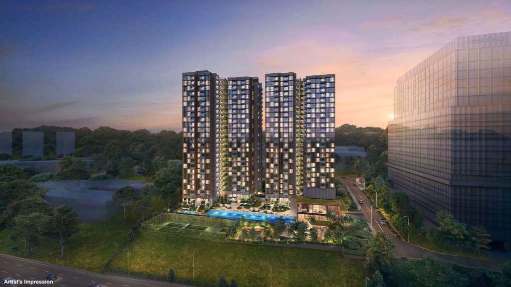 Lyndenwoods towers and swimming pool at sunset, Queenstown, Singapore