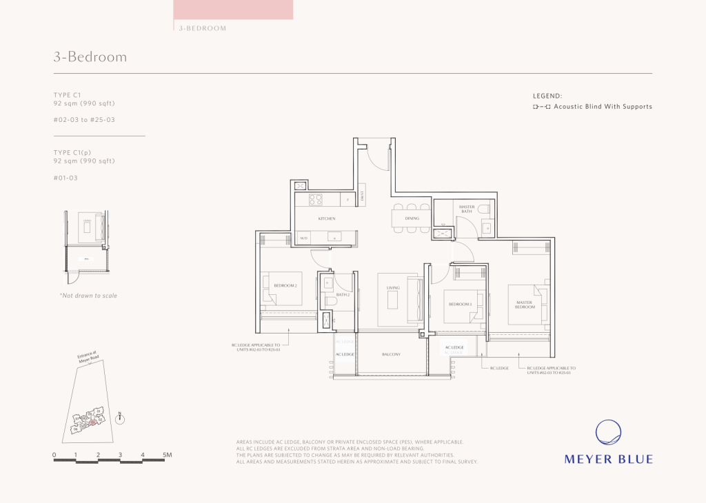 Meyer Blue floor plan Type C1, 990 sqft, Marine Parade, Singapore