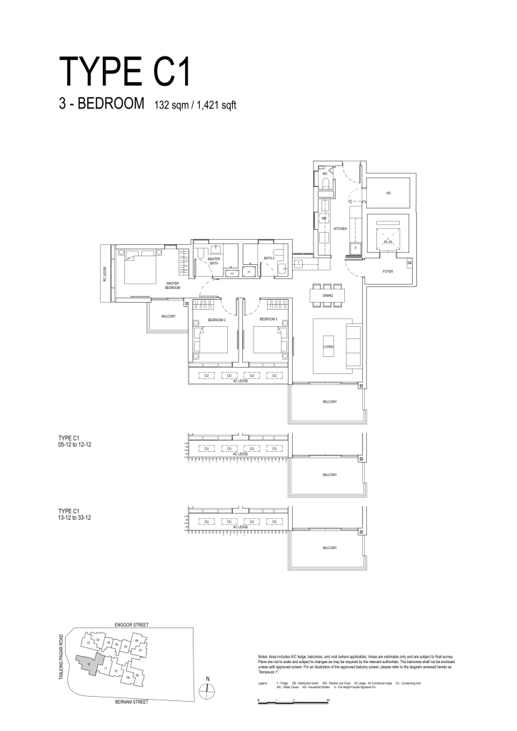 One Bernam floor plan Type C1, 1421 sqft, Downtown Core, Singapore