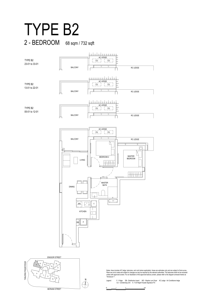 One Bernam floor plan Type B2, 732 sqft, Downtown Core, Singapore