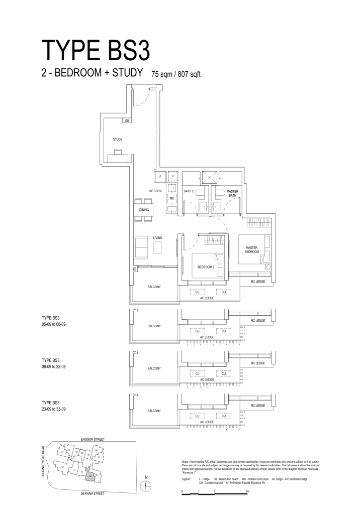 One Bernam floor plan Type BS3, 807 sqft, Downtown Core, Singapore
