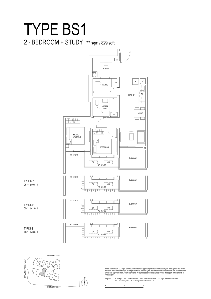 One Bernam floor plan Type BS1, 829 sqft, Downtown Core, Singapore