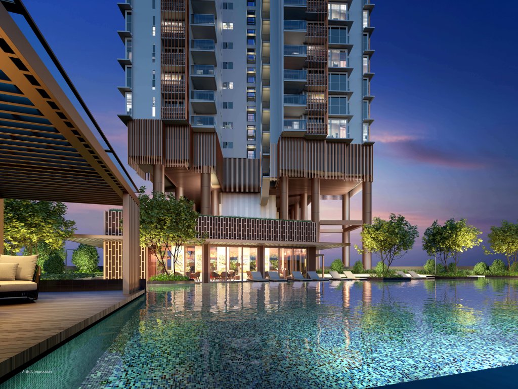 One Bernam swimming pool at night, Downtown Core, Singapore