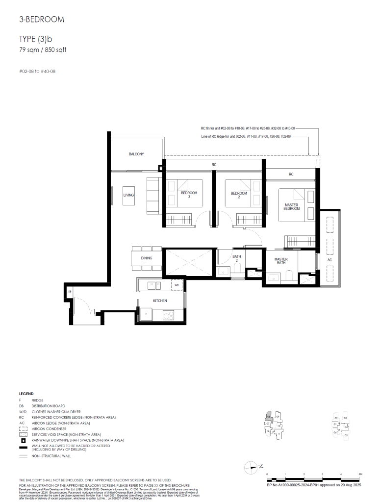 Penrith floor plan Type 3B, 850 sqft, Queenstown, Singapore