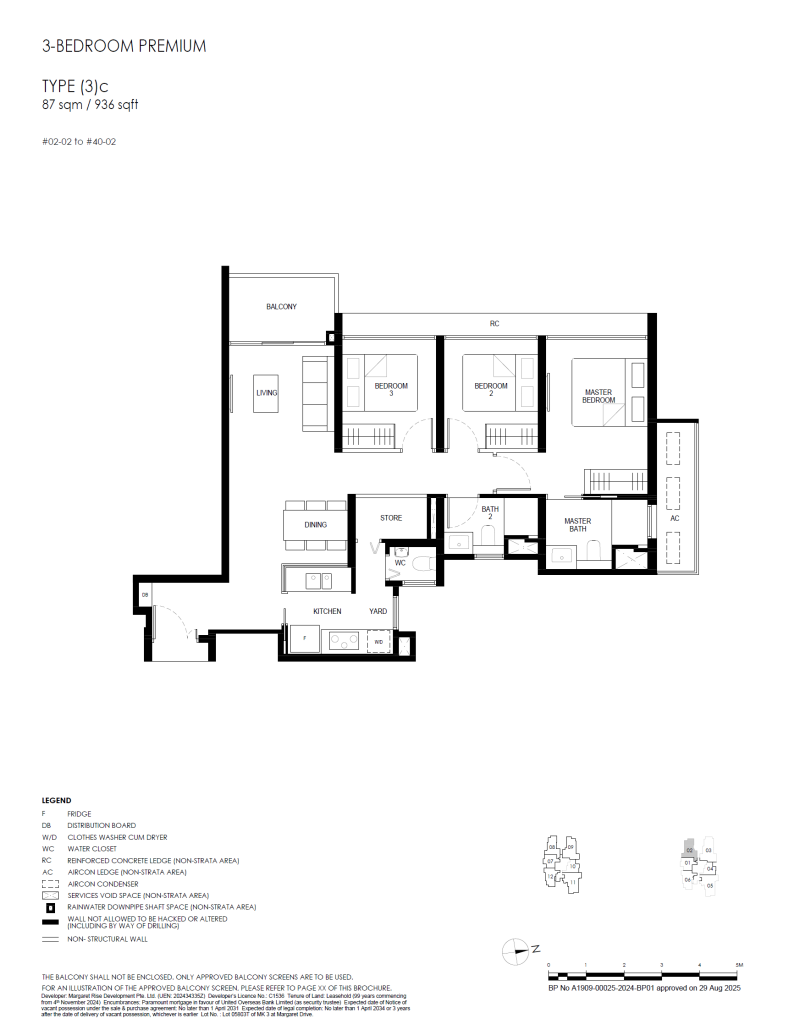 Penrith floor plan Type 3C, 936 sqft, Queenstown, Singapore
