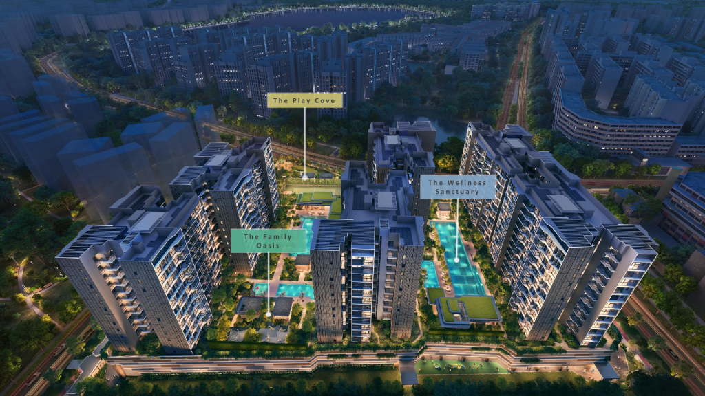 Pinery Residences aerial site overview with facilities labelled, Tampines, Singapore