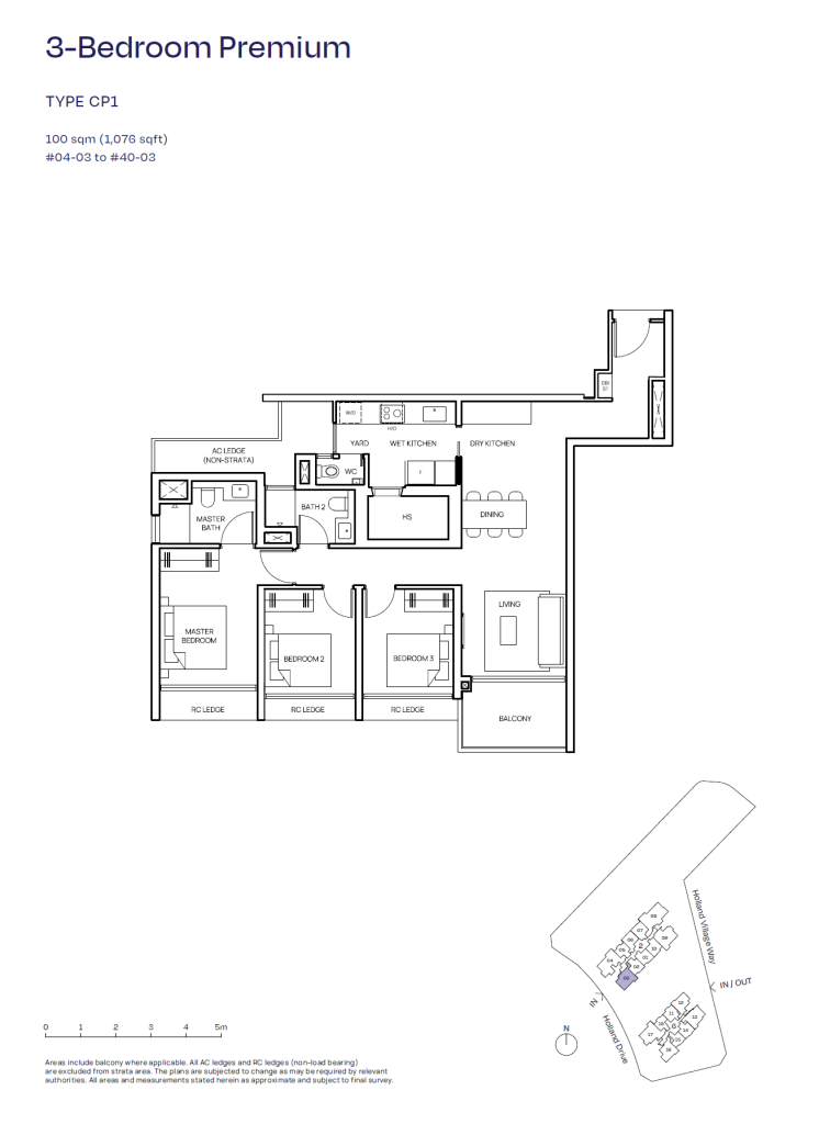Skye floor plan Type CP1, 1076 sqft, Queenstown, Singapore