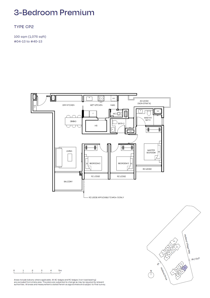 Skye floor plan Type CP2, 1076 sqft, Queenstown, Singapore