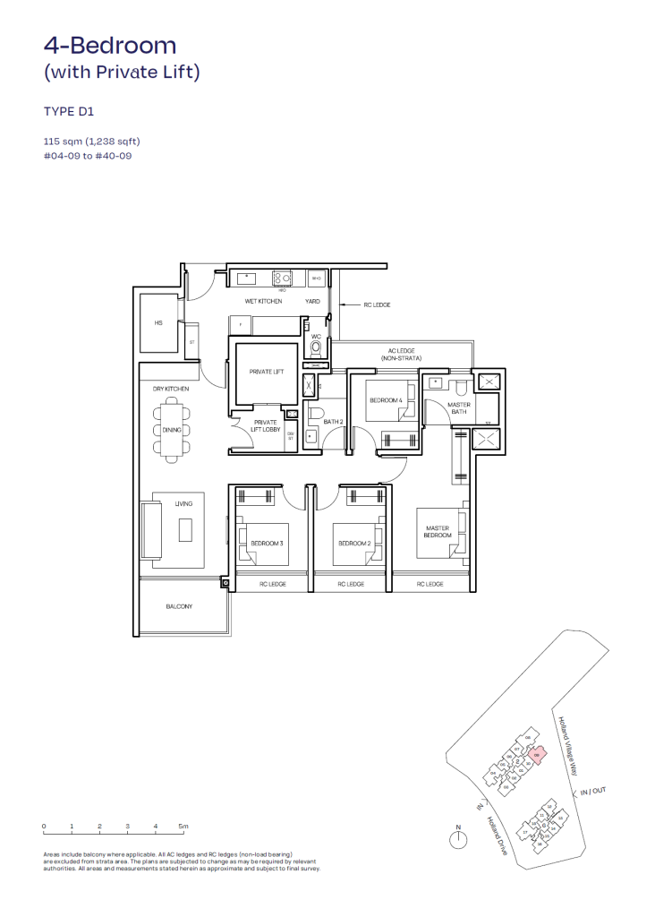 Skye floor plan Type D1, 1238 sqft, Queenstown, Singapore