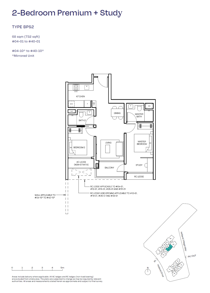 Skye floor plan Type BPS2, 732 sqft, Queenstown, Singapore