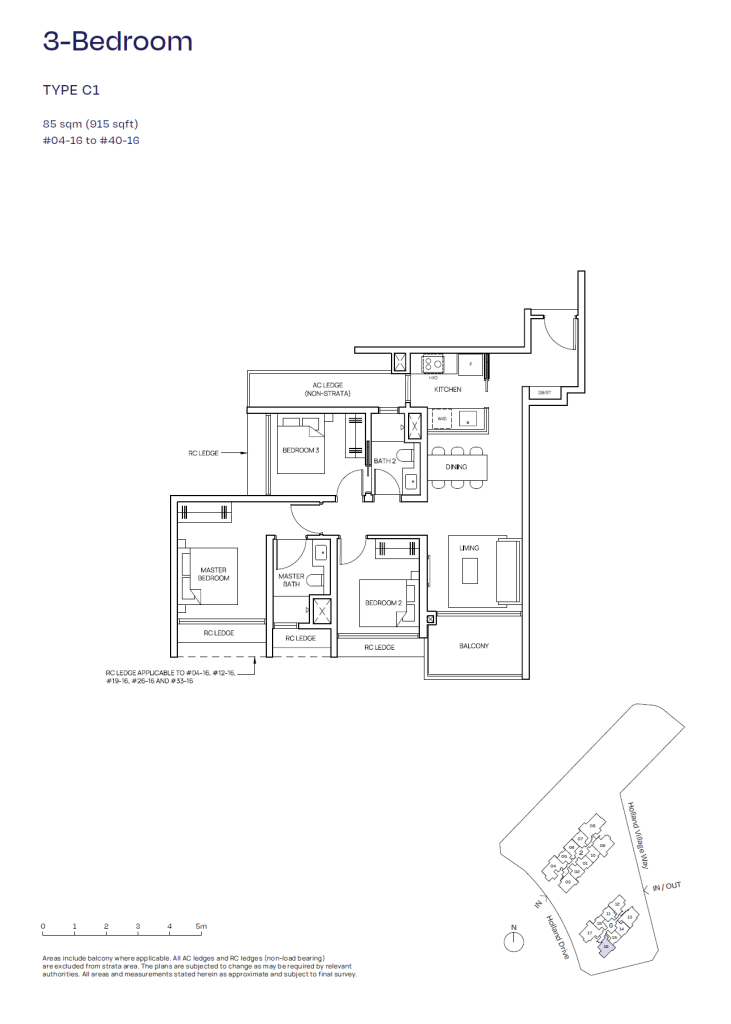 Skye floor plan Type C1, 915 sqft, Queenstown, Singapore