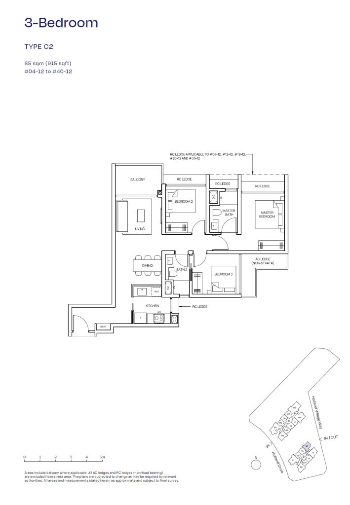Skye floor plan Type C2, 915 sqft, Queenstown, Singapore