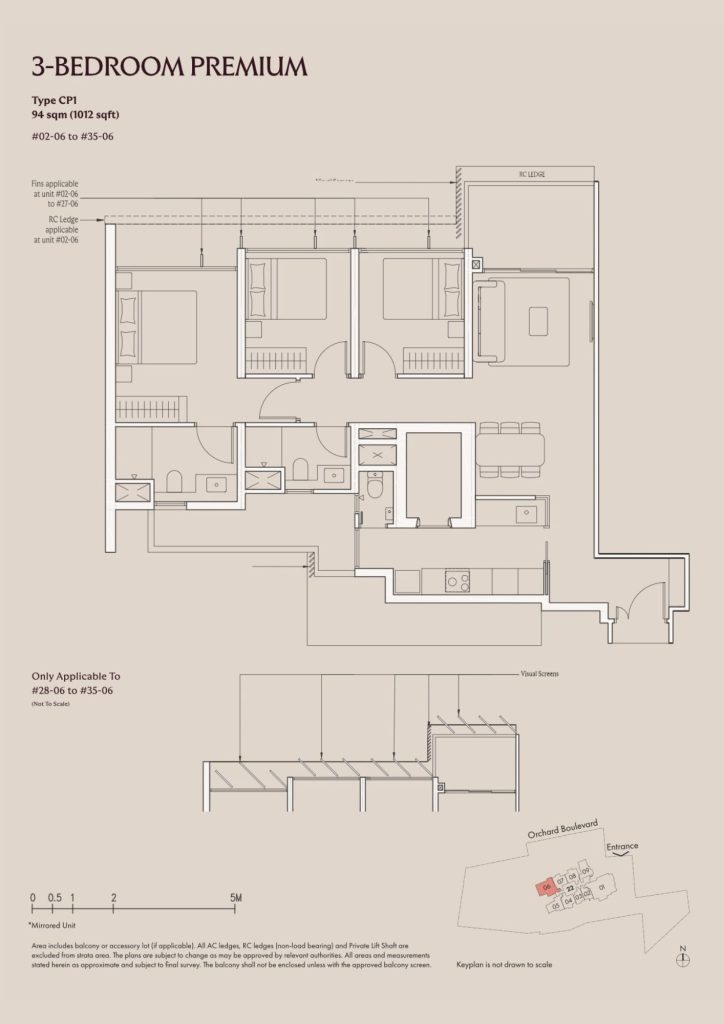 Upperhouse floor plan Type CP1, 1012 sqft, River Valley, Singapore