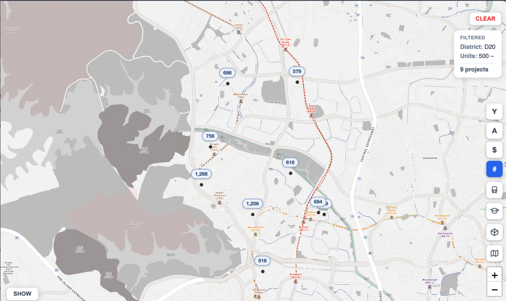 Map of all 45 private residential projects in District 20 Singapore