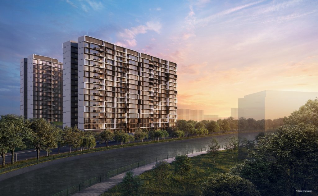 Lucerne Grand residential blocks beside the Jurong canal at sunset, Jurong West, Singapore