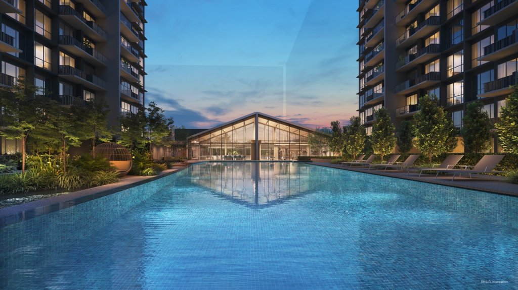 Lucerne Grand swimming pool and glass clubhouse at dusk, Jurong West, Singapore