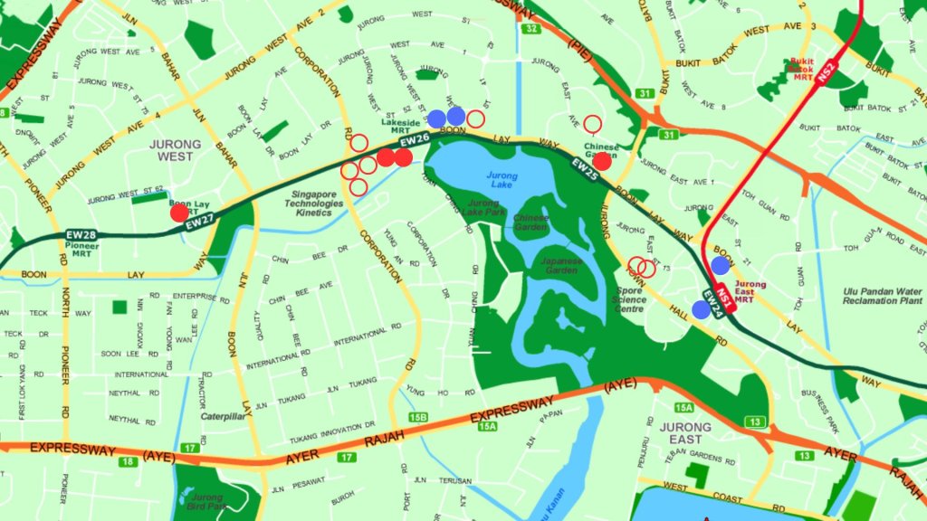 Map of District 22 condos showing MRT proximity across 24 projects