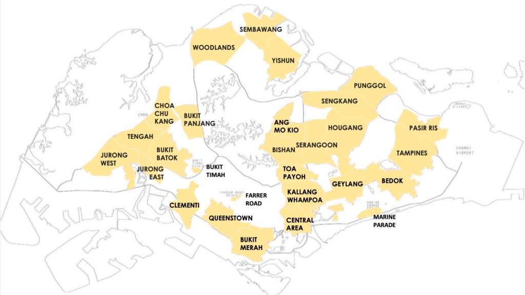 Map of Singapore HDB towns showing Tengah relative to Jurong and Punggol
