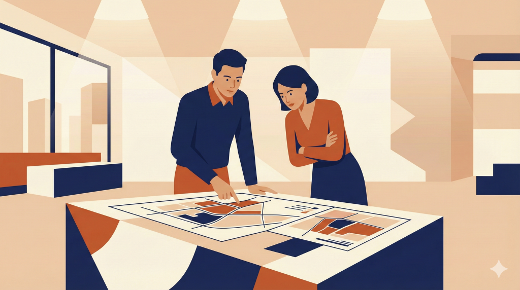 Couple reviewing a condo brochure at a Tengah construction site