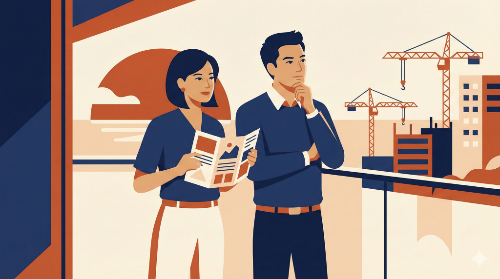 Couple reviewing a district map while comparing Tengah against Jurong