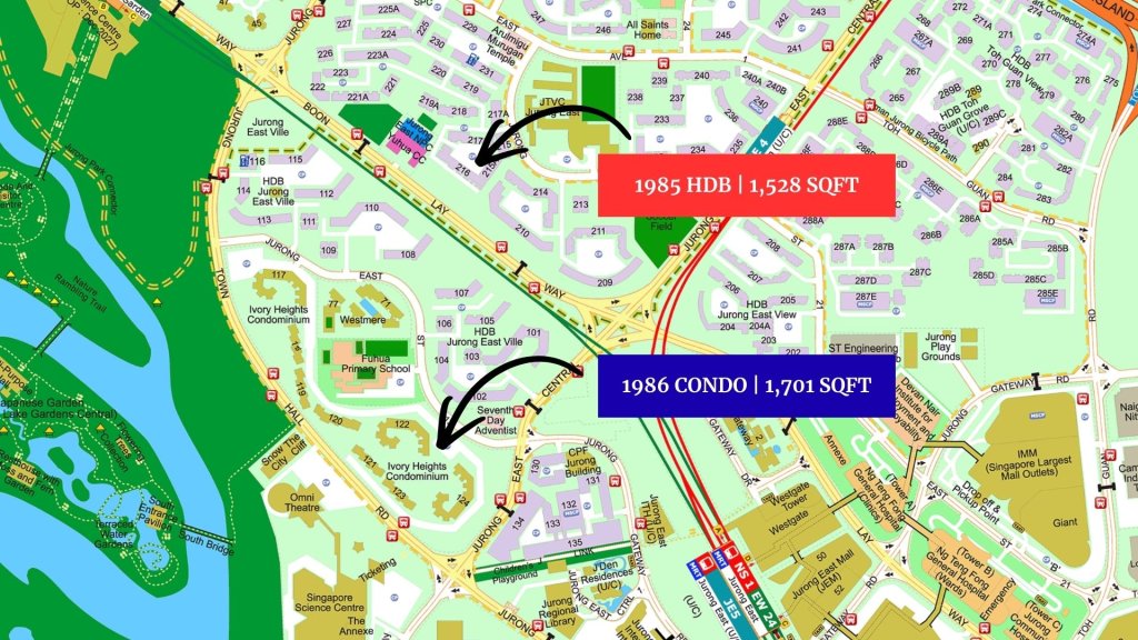 Map showing the Jurong East executive HDB block and Ivory Heights condo used in the comparison