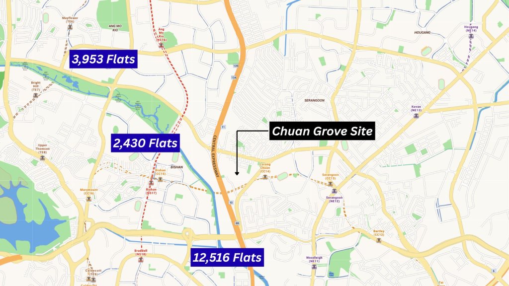 Map of HDB supply surrounding Chuan Grove across Bishan, Ang Mo Kio and Toa Payoh