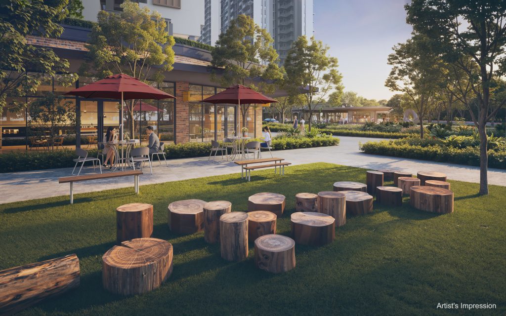 Hudson Place Residences outdoor seating and log stools in the landscaped garden, Queenstown, Singapore
