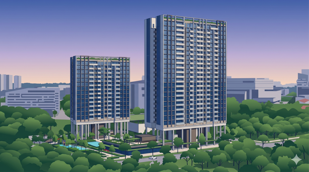 Hudson Place Residences towers illustrated against the one-north skyline