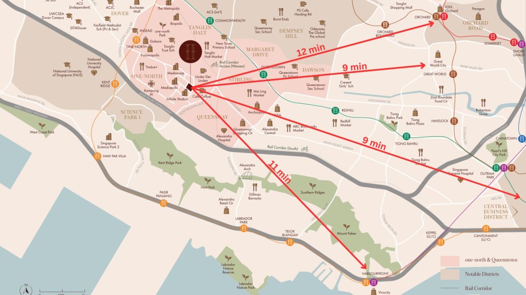 Hudson Place Residences commute times map from Buona Vista MRT