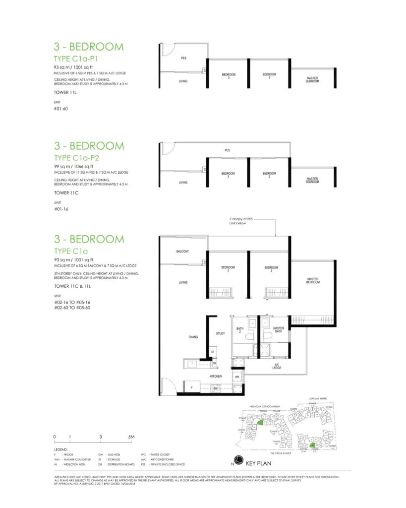 Daintree floor plan Type C1a, 1001 sqft, Bukit Timah, Singapore