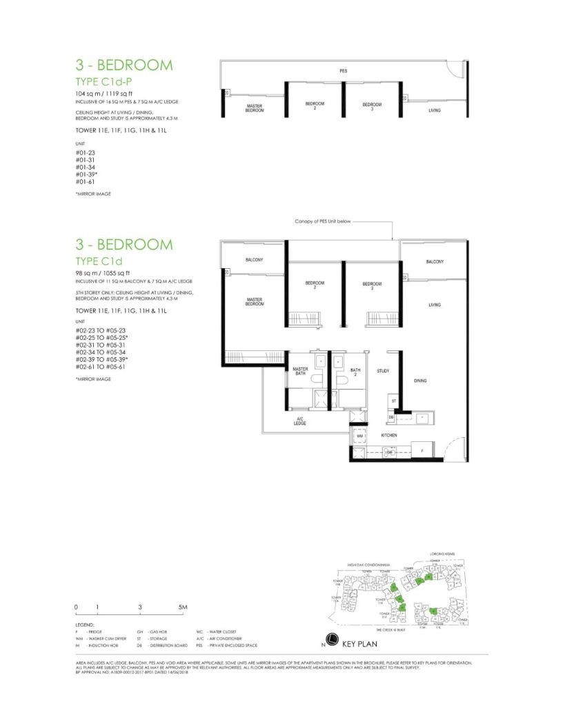 Daintree floor plan Type C1d, 1055 sqft, Bukit Timah, Singapore