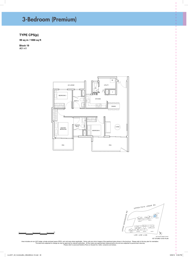 Forest Woods floor plan Type CP5, 1066 sqft, Serangoon, Singapore